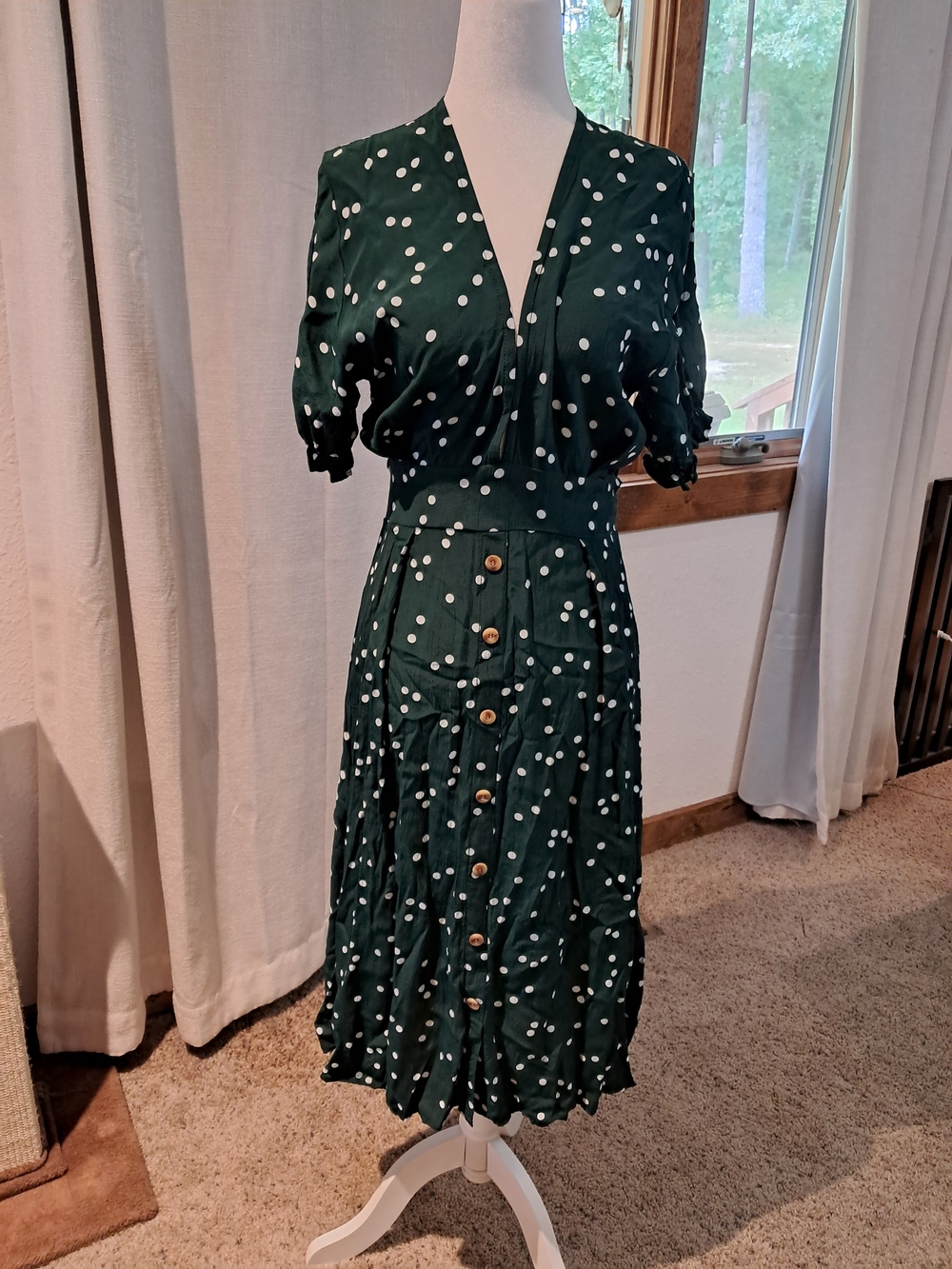 Faithfull the Brand Dark Green Polka Dot Midi Dress Size 4
